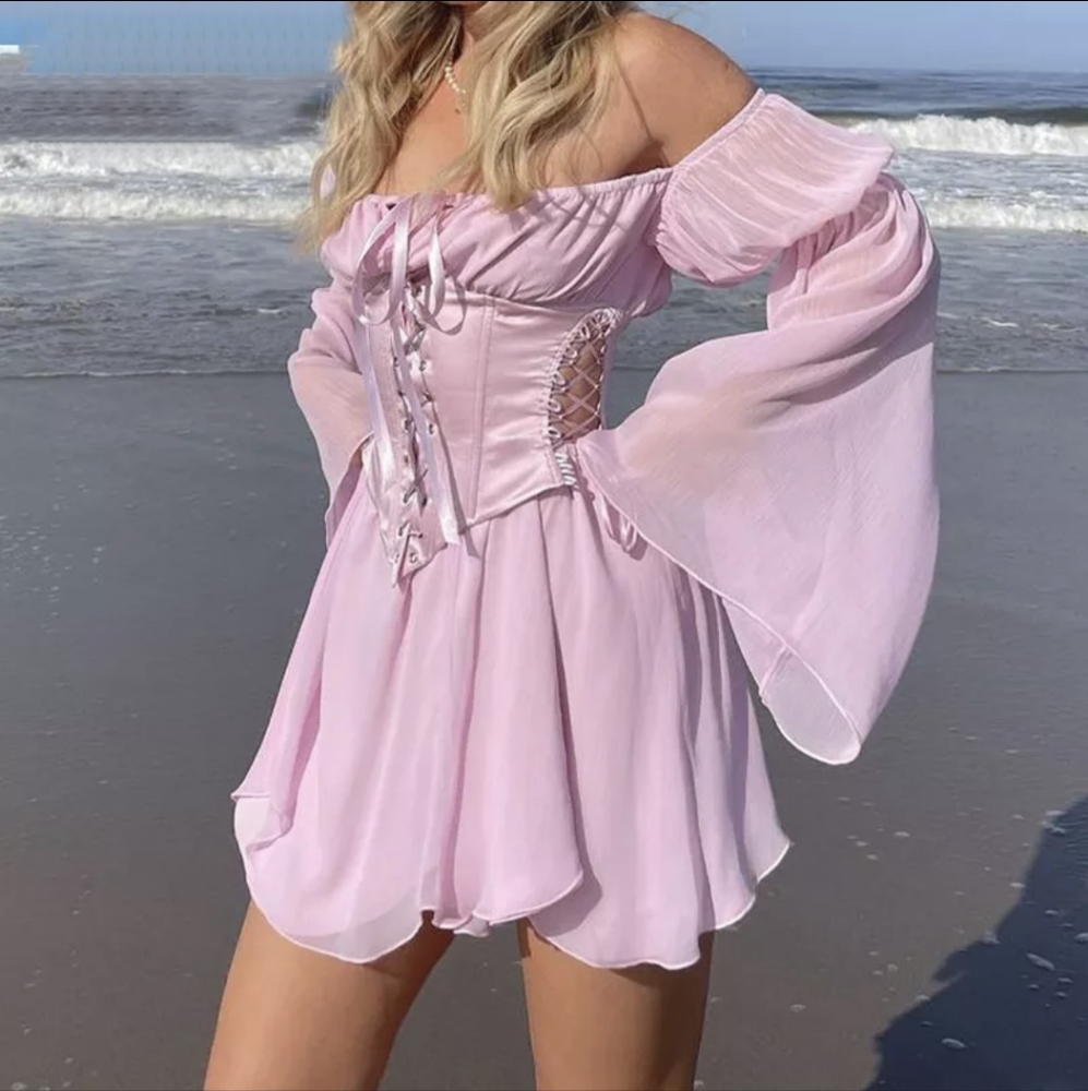 NWT Pink Summer Bohemian Corset Mini Dress S: Small-Medium